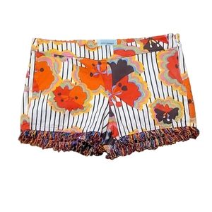 Judith March Poppy Pique Pinstripe Floral Rainbow Fringe Shorts Boho Summer